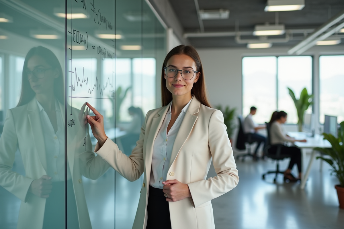 Jeune femme professionnelle devant un tableau blanc avec graphiques