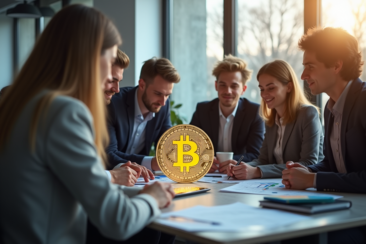Groupe de jeunes professionnels analysant des graphiques avec Bitcoin