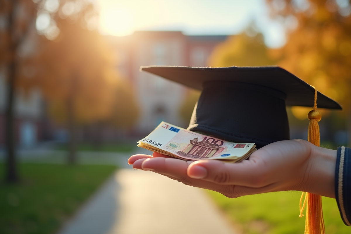Main tenant un chapeau de graduation et des billets euros