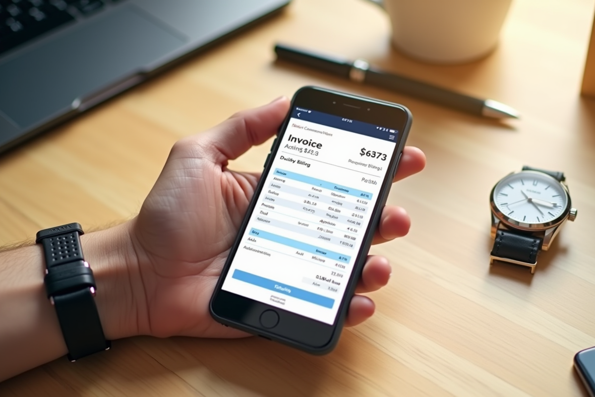 Main tenant un smartphone avec facture digitale sur bureau ensoleille
