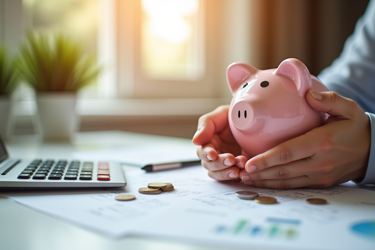 Mains tenant une tirelire et des pièces avec calculatrice et formulaires