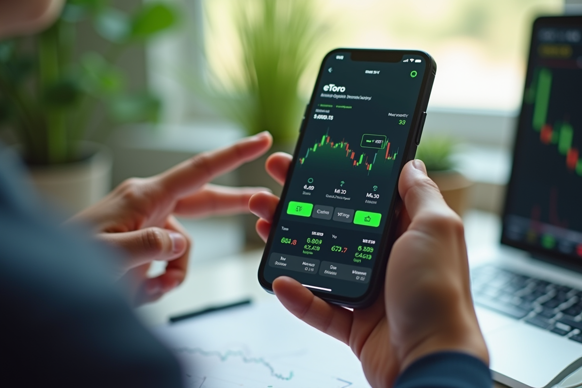 Mains tenant un smartphone affichant l application de trading eToro