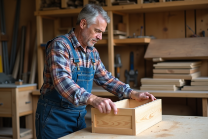 Homme menuisier en atelier inspectant un tiroir en bois