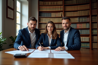 Notaire femme en costume lisant des documents importants