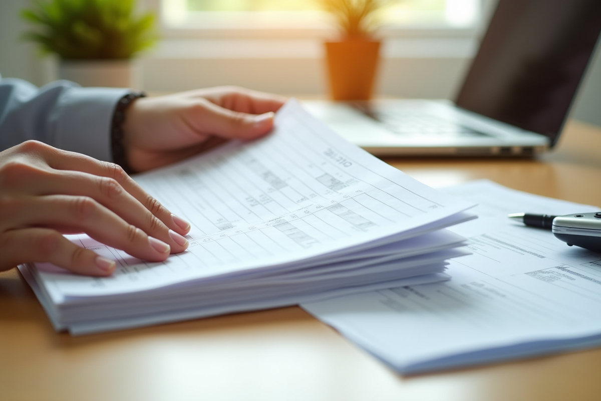 Mains tenant des papiers d impots avec calculatrice et stylo