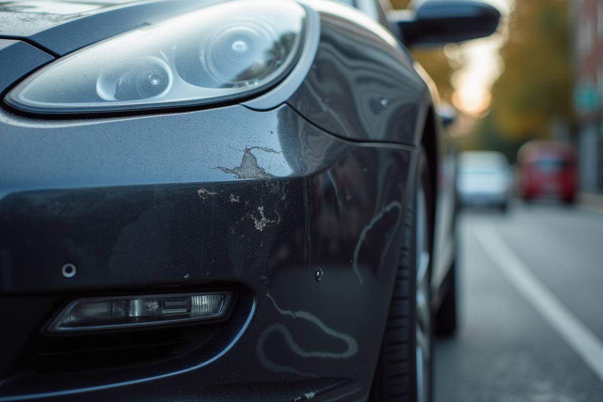 Détail d’un pare choc de voiture avec rayures et petite bosse