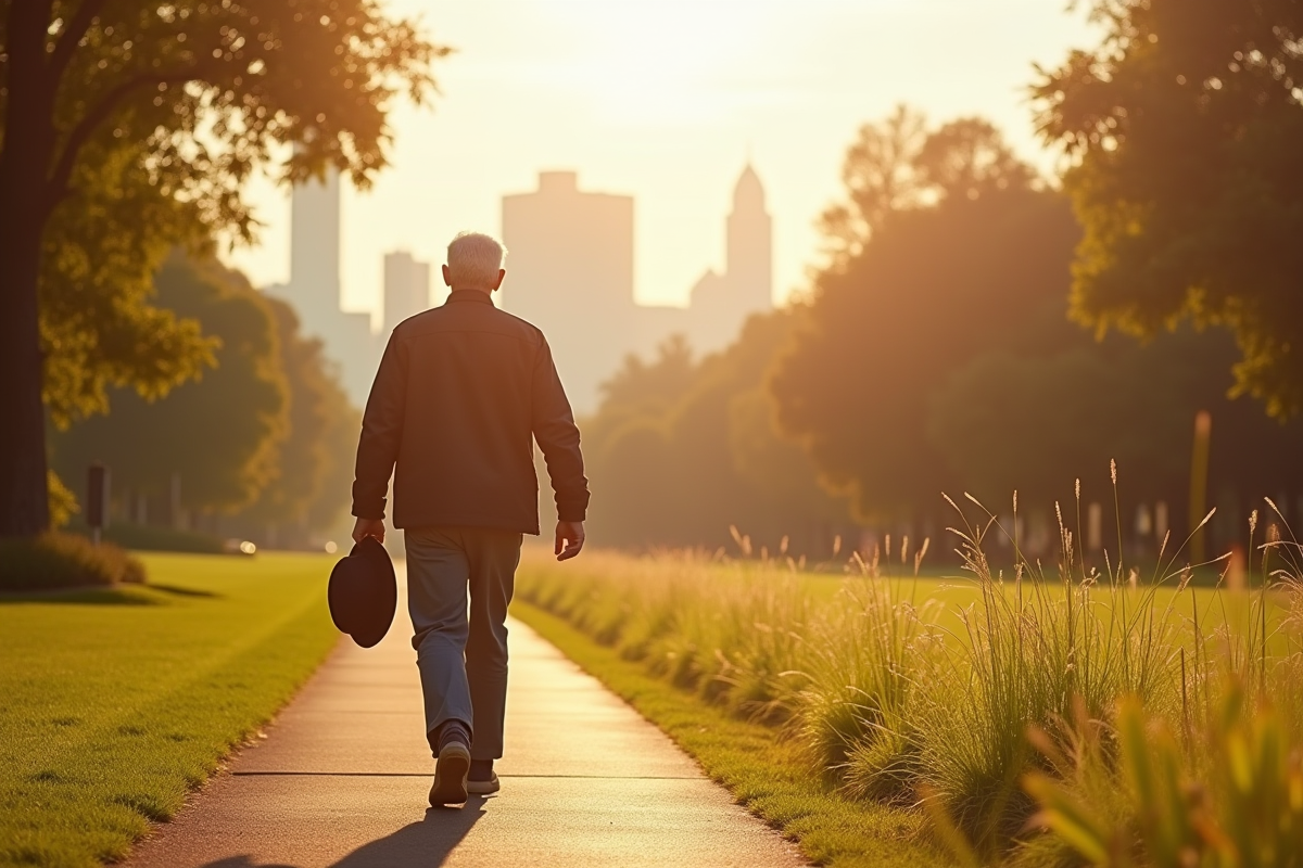 Personne âgée marchant dans un parc ensoleille avec la skyline en arrière-plan