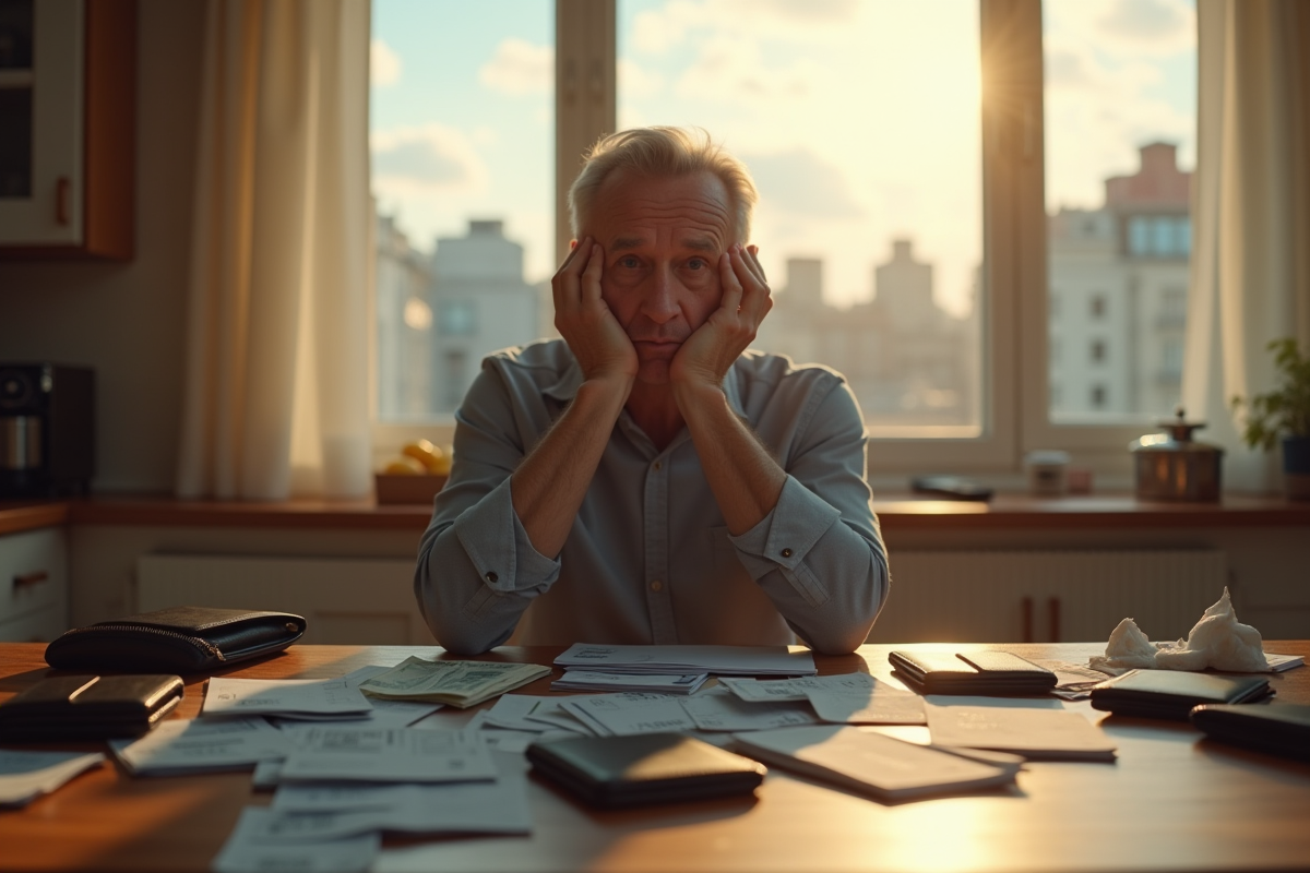 Personne inquiète avec factures et portefeuilles vides