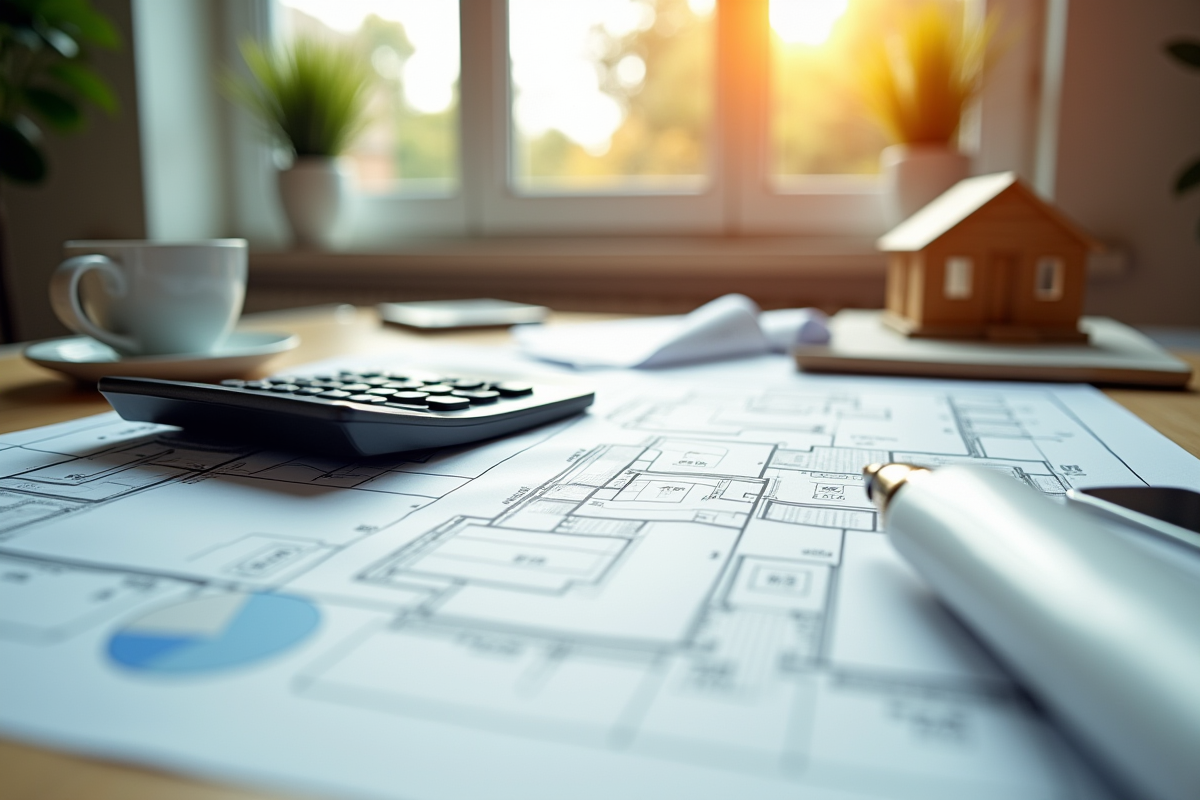 Plan d architecture sur bureau avec maquette maison et calculatrice