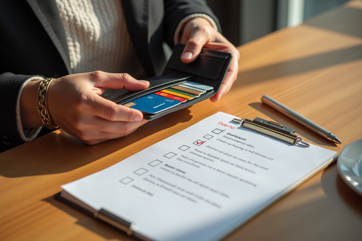 Mains tenant un porte-cartes avec une checklist sur une table en bois