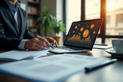 Professionnel travaillant sur un bureau moderne avec symbole crypto