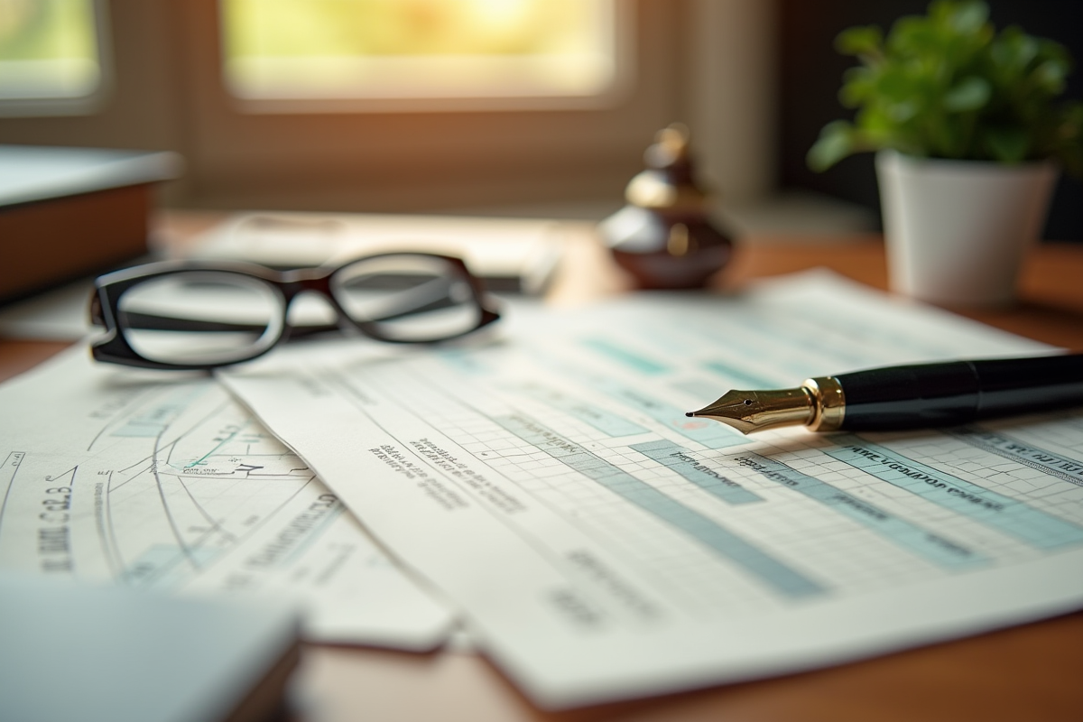 Rapports financiers anciens avec stylo sur bureau en bois