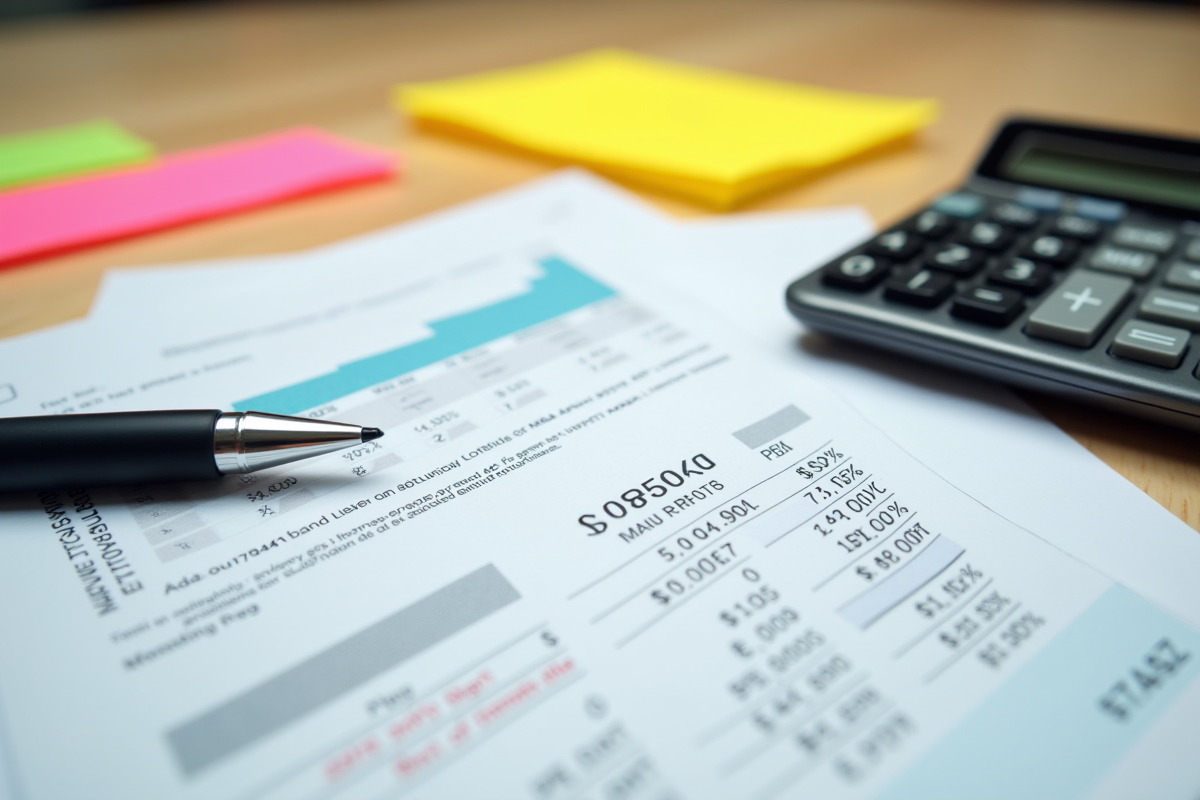 Relevé bancaire et calculatrice sur un bureau lumineux