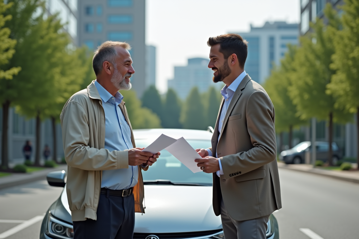 Homme discutant avec agent d assurance près de sa voiture