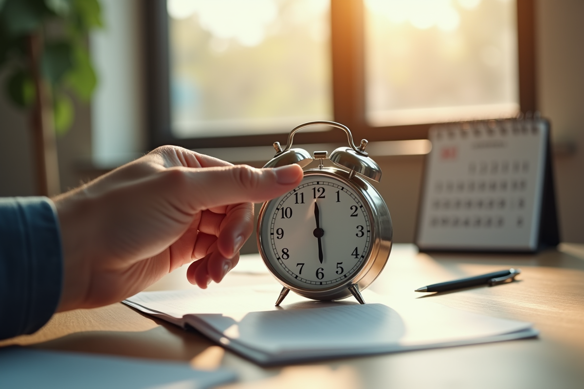 Main appuyant sur un réveil vintage en bois avec calendrier et stylo à côté
