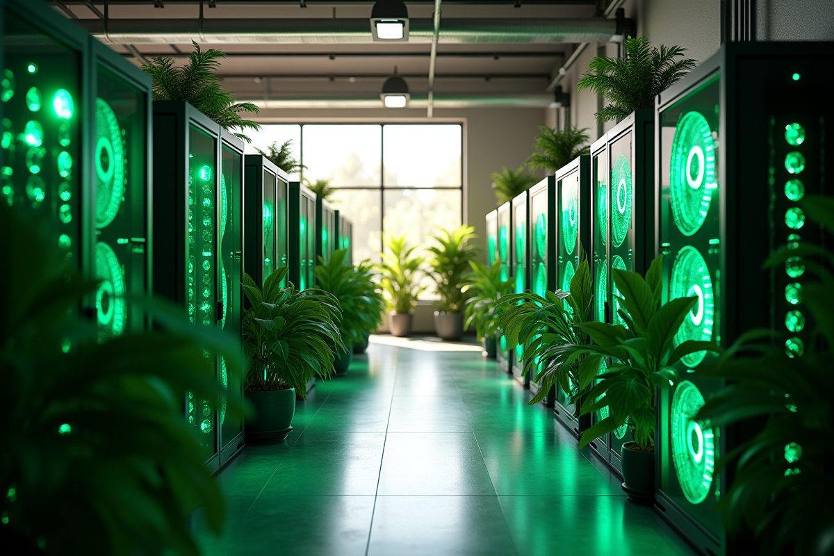 Salle serveurs avec rigs de minage verts et plantes naturelles