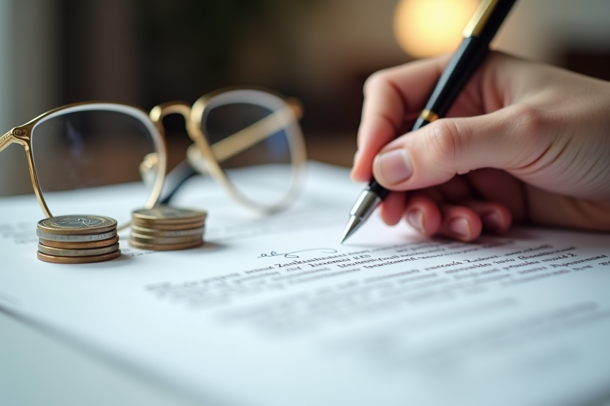 Gros plan sur une signature de contrat avec pièces d