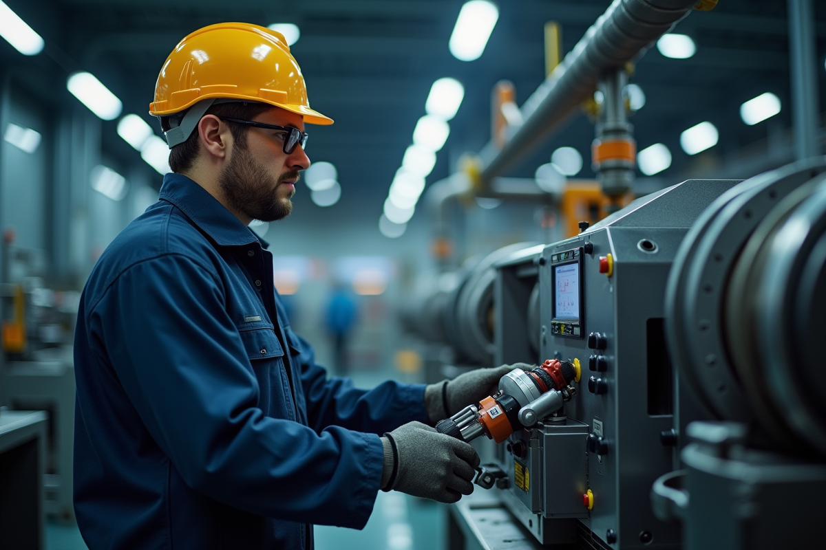 Technicien en uniforme manipulant une machine industrielle