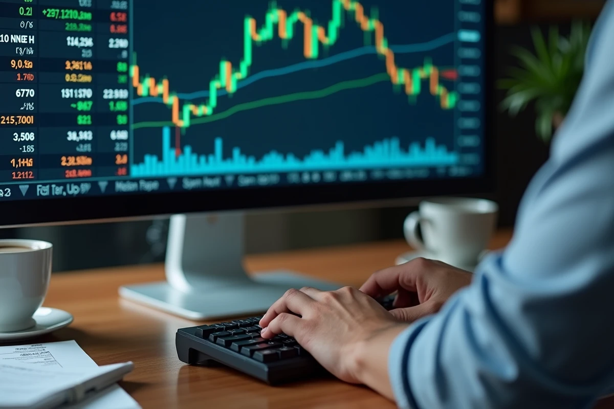 Écran de terminal financier affichant les indices boursiers asiatiques en temps réel avec des mains d'analyste sur le clavier