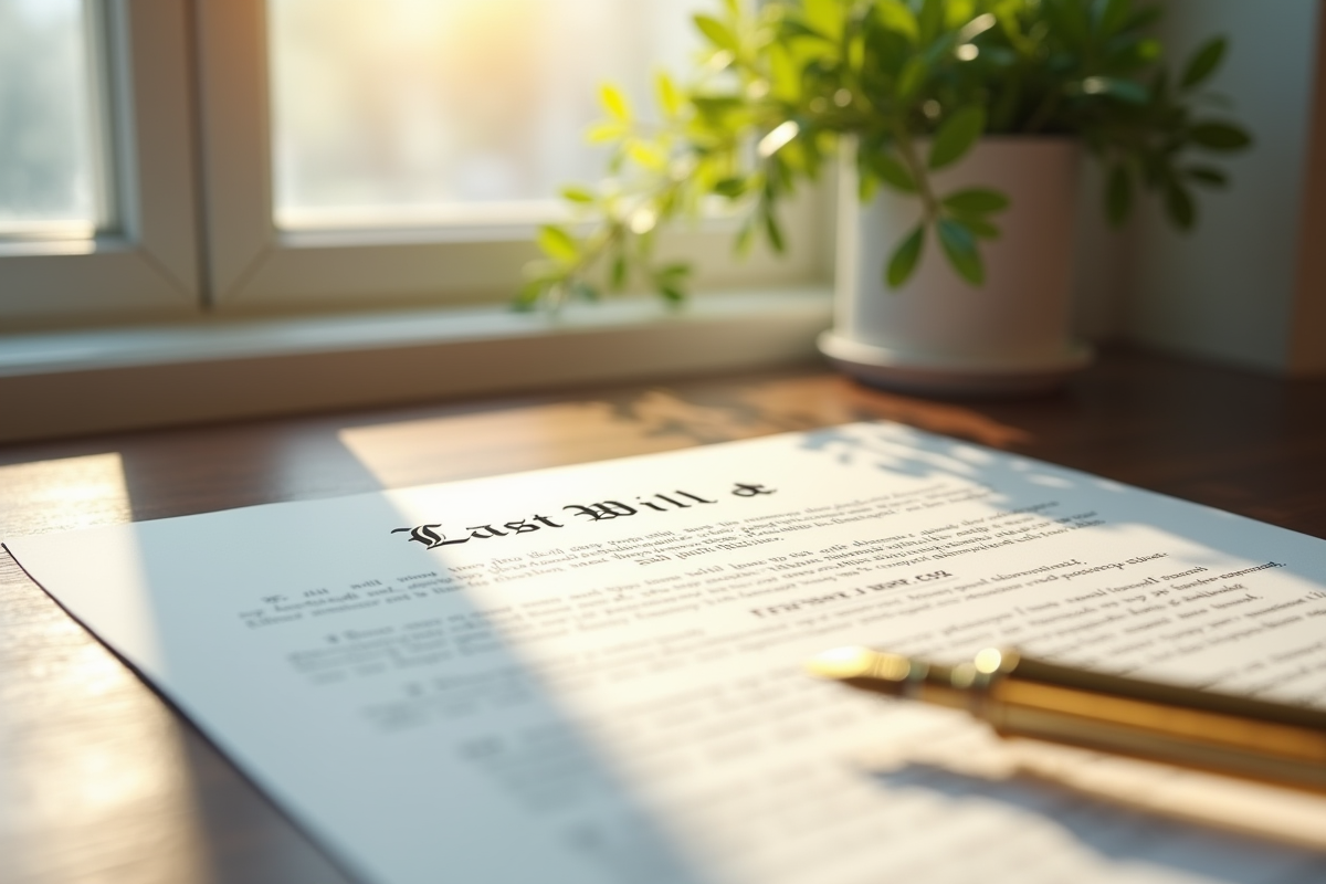 Gros plan sur un testament avec stylo en or dans une lumière douce