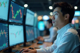 Trader asiatique analysant les indices boursiers asiatiques sur plusieurs écrans dans une salle de marché moderne à Tokyo