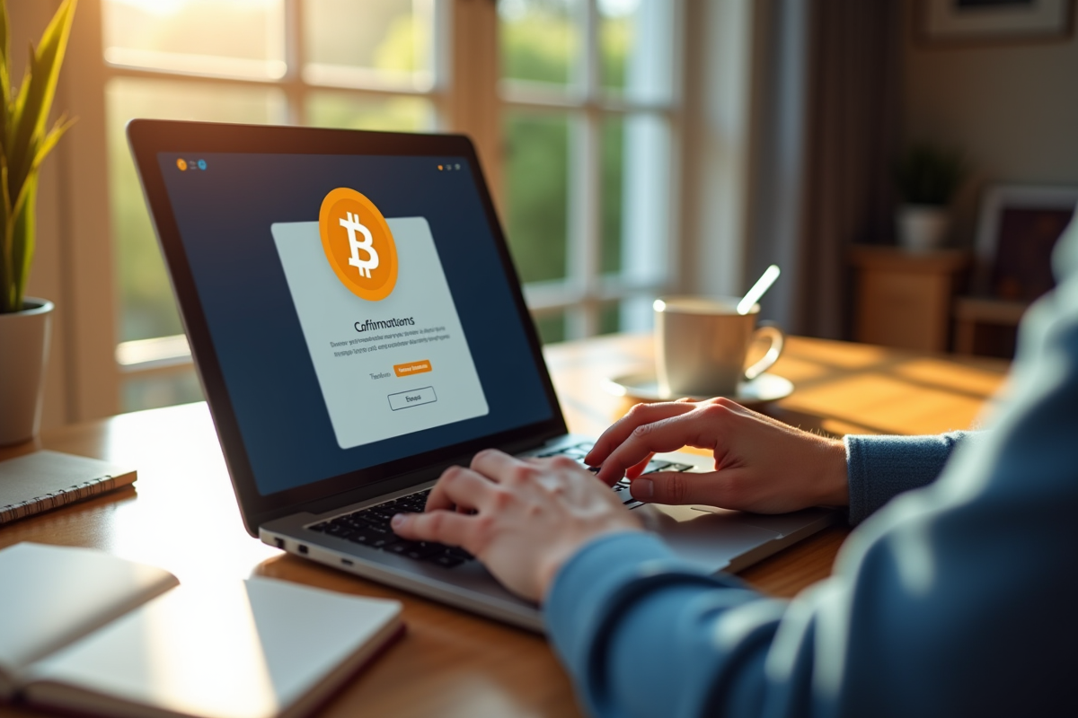 Mains utilisant un ordinateur portable avec confirmation de transfert Bitcoin Cash