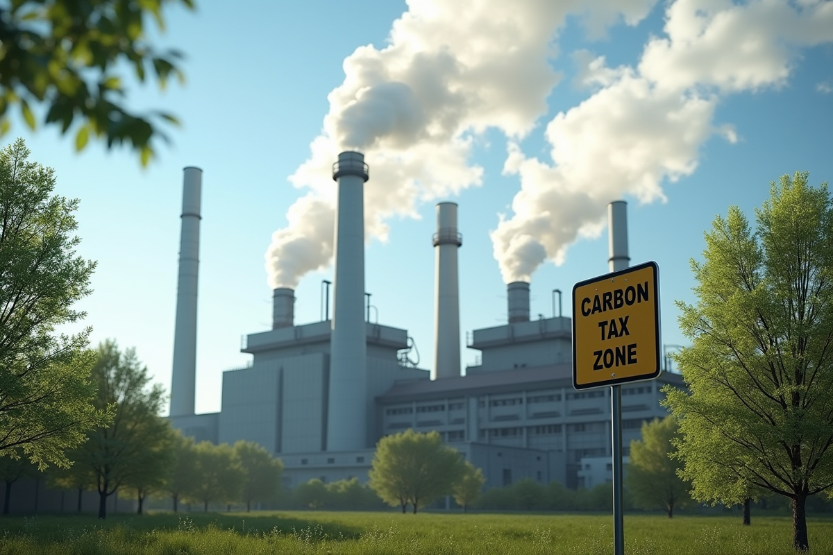 Usine avec cheminée et panneau zone taxe carbone en nature